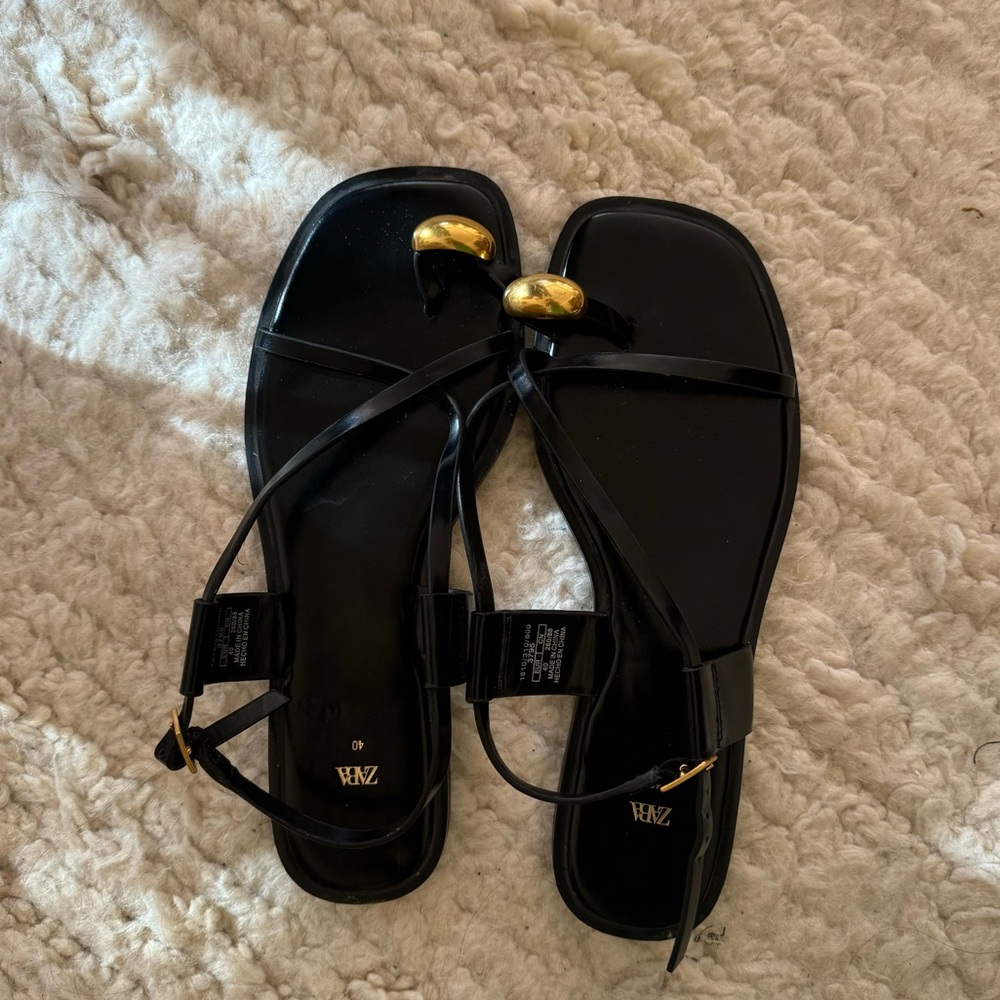 Zara flat strappy sandals with gold metal accent
